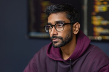 Obraz premium Young man wearing glasses looking pensive in dark office