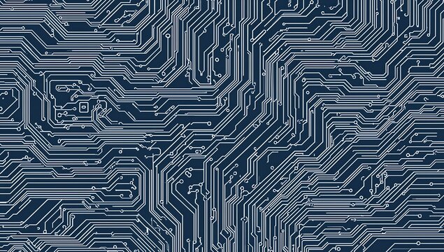 Intricate circuits creating a complex digital pattern on a computer board. The image is full of lines and the different colors create a sense of technology and communication.