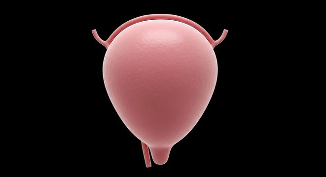 3D rendering of a human urinary bladder, an essential organ in the excretory system, depicted in a medical illustration on a black background.