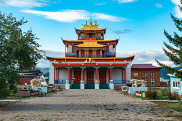 Obraz premium Scenic view of Buddhist temple on the territory of Ivolginsky Datsan, Buryatia, Russia.