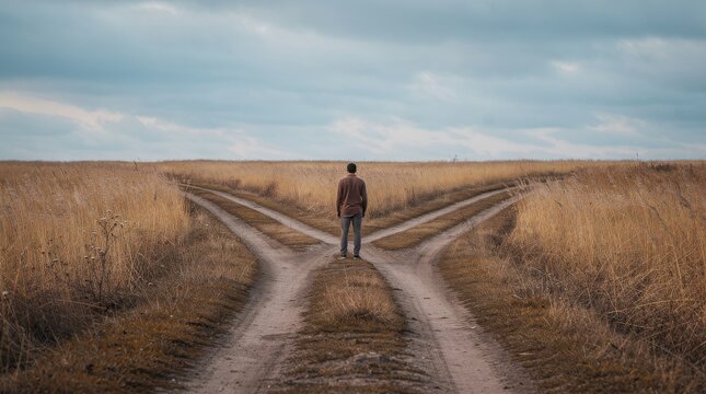 A person stands at a fork in a dirt road amid tall dry grass under a cloudy sky, contemplating which path to take.