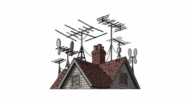 Many antennas and a chimney adorn the roof of a gabled house