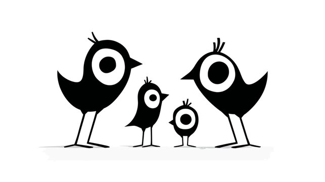 Stylized black bird family illustration on white background vector design