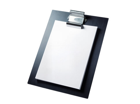 Black clipboard with blank white paper sheet and metallic clip, an essential office supply isolated for business presentations and educational use PNG