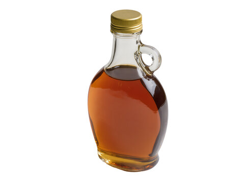 Delicious golden maple syrup in a traditional glass bottle with a handle and metallic gold cap, perfectly isolated on a transparent background PNG