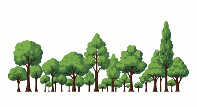 A diverse collection of stylized green trees stands in a horizontal line