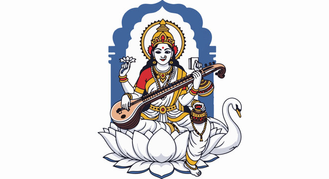 A deity in traditional attire seated on a lotus, playing a stringed instrument, with a swan