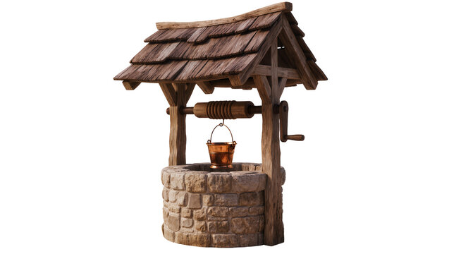 Rustic old wishing well with stone base, wooden roof, and copper bucket, isolated PNG on transparent background, vintage garden feature