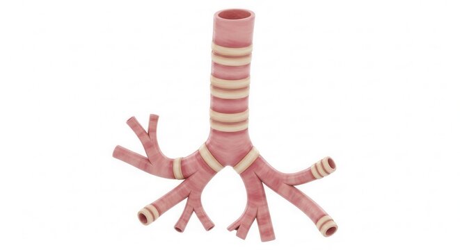 3D rendering of the human trachea and bronchial tree, illustrating the respiratory airway anatomy.