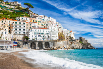Fototapeta premium Amalfi, Italy. Beautiful village, colorful houses, Amalfitana coastline in Campania.