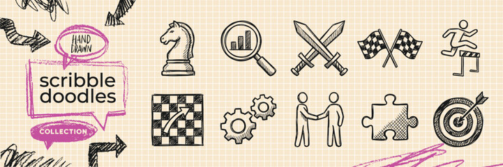 Hand Drawn Business Strategy and Competition Doodle Icon Set with Chess Knight Crossed Swords Finish Flag and Puzzle Sketch Vector EPS © HASNA