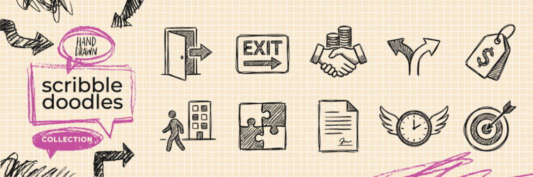 Hand Drawn Business Decision and Contract Doodle Icon Set with Puzzle Handshake Document Clock and Direction Arrows Sketch Vector EPS