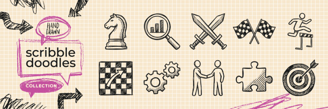 Hand Drawn Business Strategy and Competition Doodle Icon Set with Chess Knight Crossed Swords Finish Flag and Puzzle Sketch Vector EPS