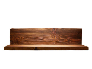 Rustic dark brown wooden shelf with a natural wood grain texture and back panel, isolated PNG on...