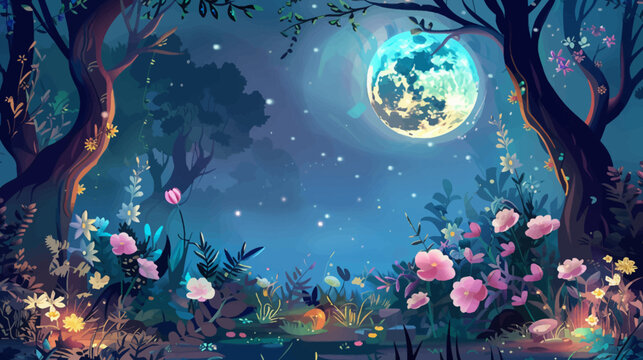 Enchanted forest scene with glowing moon and colorful flowers illustration
