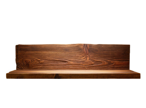 Rustic dark brown wooden shelf with a natural wood grain texture and back panel, isolated PNG on transparent background for product display