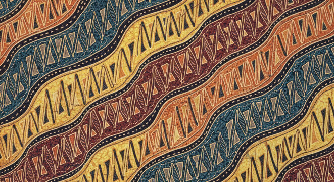 Colorful Batik Fabric with Intricate Wave Patterns and Geometric Designs.