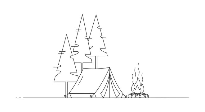 Camping scene illustration with tent trees and campfire minimal line art
