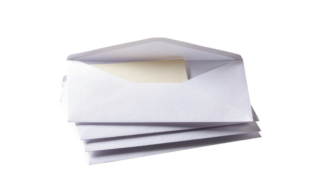 Stack of white paper envelopes with a cream colored card inside, isolated on transparent background