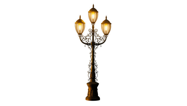 Ornate vintage triple-headed street lamp with glowing bulbs, isolated on transparent background