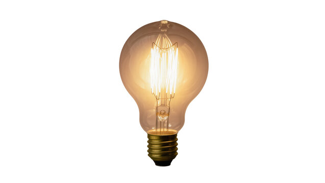 Edison filament light bulb with brass base glowing warmly, isolated on transparent background