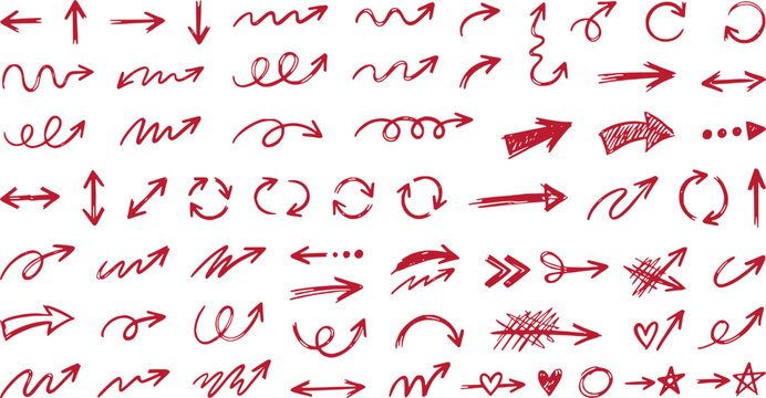 Hand drawn red arrow doodle set
Sketch style hand drawn arrow collection
Doodle arrows for annotation and highlight
Marker hand drawn arrows design elements