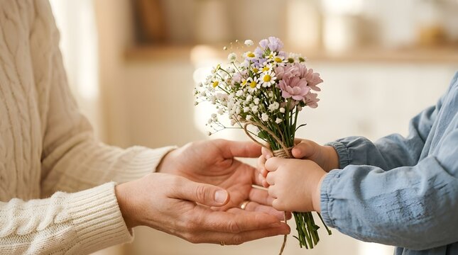 Child giving flowers to mother hands