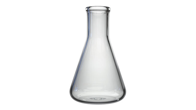 Clear glass Erlenmeyer flask with narrow neck, isolated on transparent background