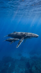 Fototapeta premium Whale Mother and Calf Swimming Together in Deep Blue Ocean Water, Marine Wildlife, Underwater Nature Scene, Ocean Life, Majestic Sea Mammals, Vertical bg