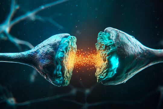 Macro scene of synaptic transmission between neurons, with glowing particles representing GABA neurotransmitter crossing the synaptic gap