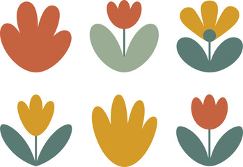 Fototapeta premium Six stylized flat design floral illustrations in muted earthy tones flower