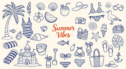Summer vibes hand drawn doodle set with tropical beach items including sandcastles bikinis cocktails and surf accessories for seasonal travel design projects on light background © SWEET