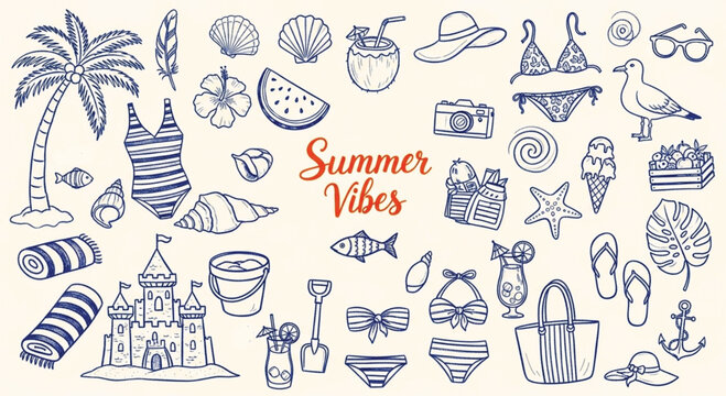 Summer vibes hand drawn doodle set with tropical beach items including sandcastles bikinis cocktails and surf accessories for seasonal travel design projects on light background
