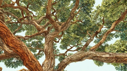 Fototapeta premium A low-angle shot showcases a mature tree with thick, gnarled branches reaching out towards the sky, covered in foliage