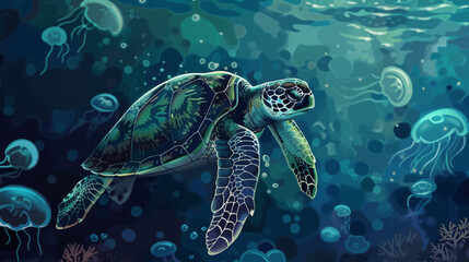 Underwater scene turtle swimming with jellyfish aquatic illustration © Mangku