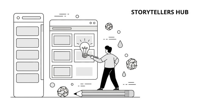 Creative man designer planning storyboard frames scene ideas for video film production narrative script project development