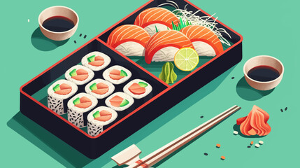 Delicious sushi arrangement with salmon nigiri and maki rolls on a teal surface © Mangku