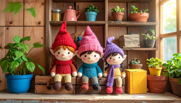 Three charming handmade gnome dolls sitting on a rustic wooden shelf with plants.