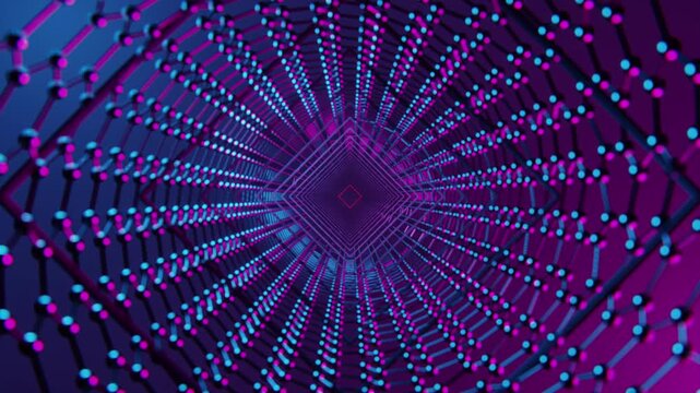 Cybernetic molecular link animation with glowing blue-purple light loops.
