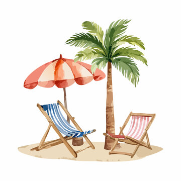 Aquarell Sommer-Set mit Holz-Sonnenliege, Vintage-Strandschirm und Palme &ndash; Provence Stil