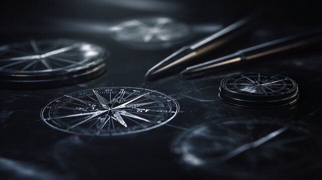 Antique Compass and Navigation Tools on Dark Surface