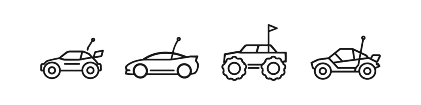 Collection of stylized remote control toy cars with antennas and flags