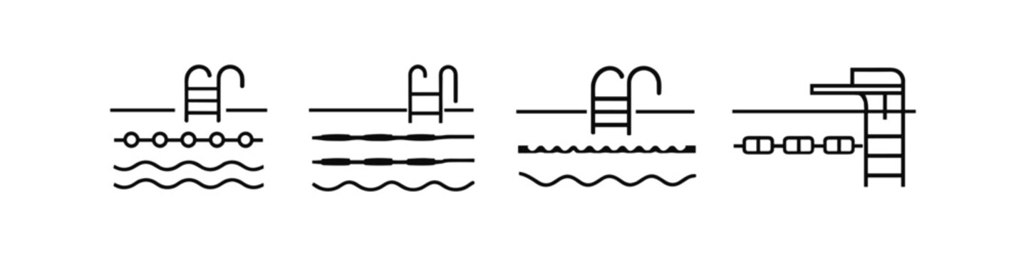 Collection of swimming pool icons with ladders and diving board