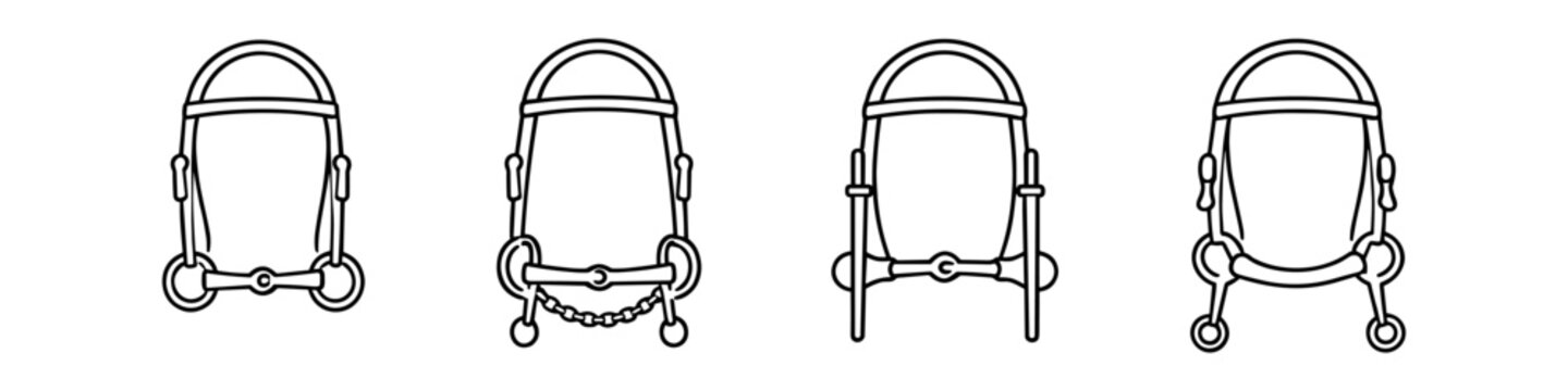 Collection of four different horse bridle bits and headgear illustrations
