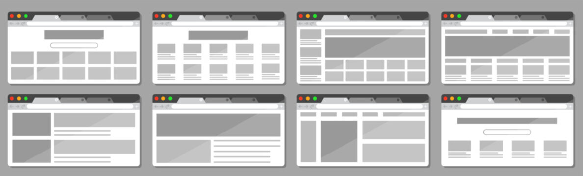 Website wireframe layouts collection. Various browser page structures with content blocks navigation panels and interface elements