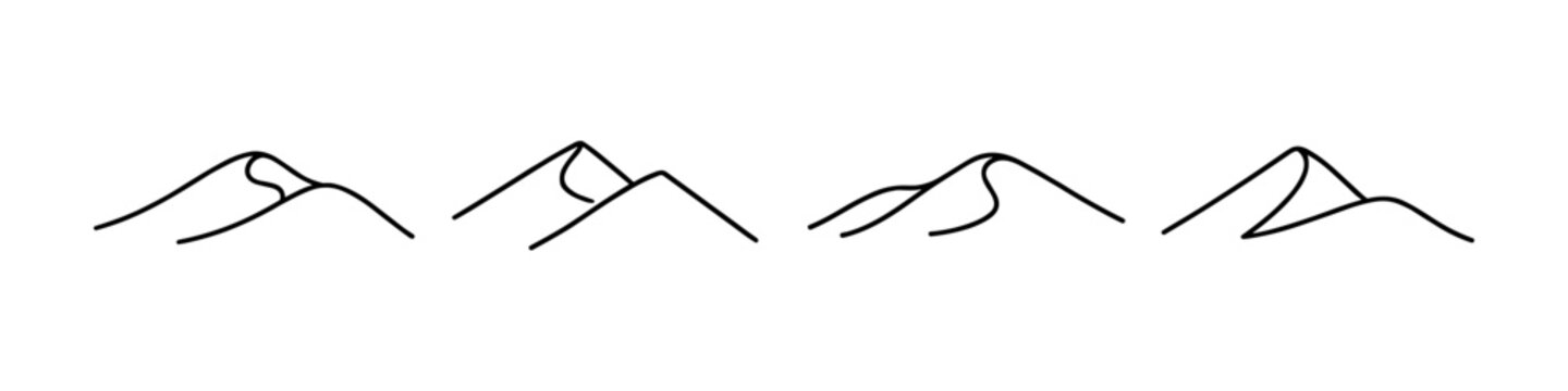 Minimalist line art depicting four distinct mountain range silhouettes against a white background