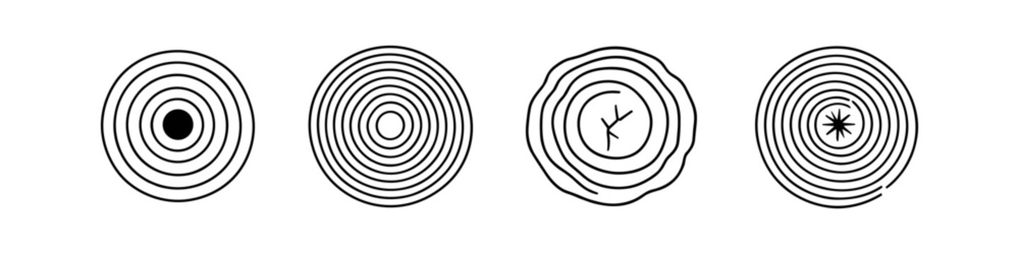Set of four stylized tree rings and concentric circles with abstract elements