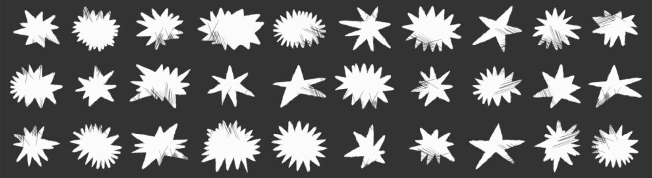Starburst sketch shapes set. Rough hand drawn explosion and splash forms for comic and expressive graphic design elements