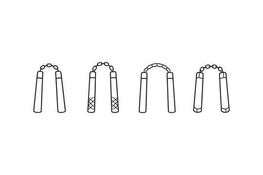 Collection of four distinct nunchaku weapon designs in a simple line art style