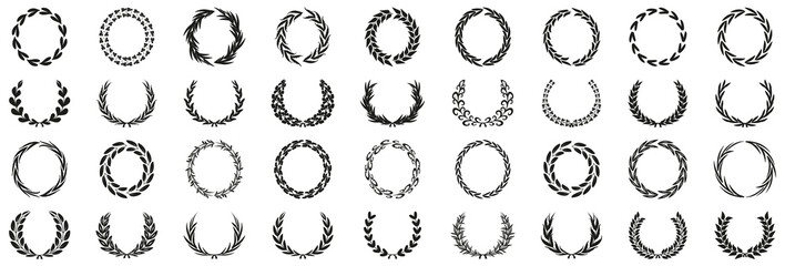Laurel wreath frames collection. Elegant circular leaf arrangements in various styles for awards logos emblems and decorative compositions © top dog